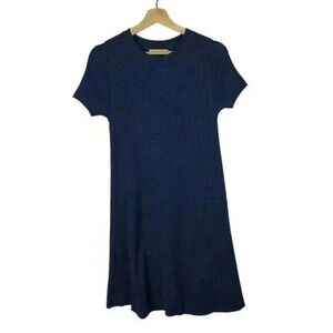 Zara Knit Navy Blue Ribbed Short Sleeve Swing Mini Dress S